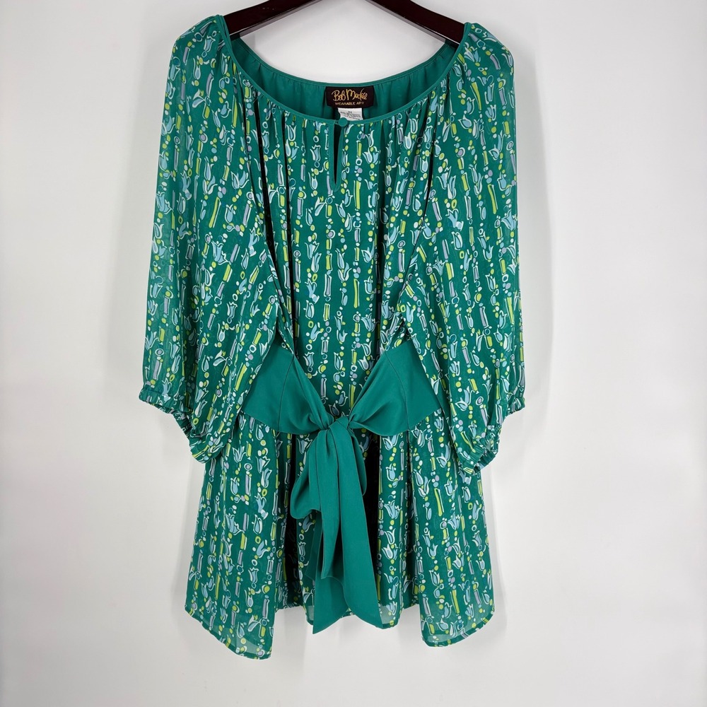 Bob Mackie Wearable Art Green Abstract Print Tie Waist Tunic Top 3X Indie Artsy
